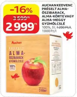 Auchan AUCHAN KEDVENC PRÉSELT ALMA-ŐSZIBARACK, ALMA-KÖRTE VAGY ALMA-MEGGY GYÜMÖLCSLÉ ajánlat