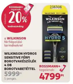 Rossmann WILKINSON HYDRO5 SENSITIVE FÉRFI BOROTVAKÉSZÜLÉK 4 DB BOROTVABETÉTTEL ajánlat