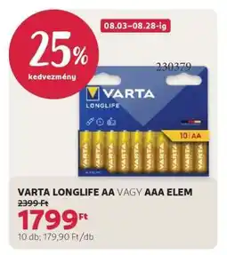Rossmann VARTA LONGLIFE AA VAGY AAA ELEM ajánlat