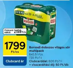 Tesco Borsodi dobozos világos sör multipack ajánlat