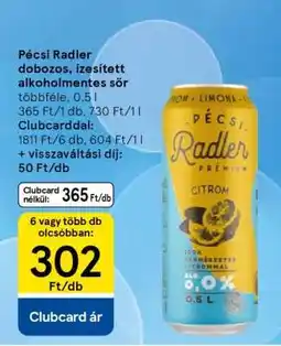 Tesco Pécsi Radler dobozos ízesített alkoholmentes sör ajánlat
