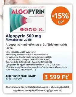 Benu Gyógyszertárak Algopyrin 500 mg ajánlat