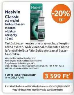 Benu Gyógyszertárak Nasivin Classic ajánlat