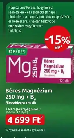 Benu Gyógyszertárak Béres Magnézium 250 mg + B6 ajánlat