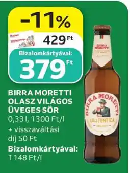 Auchan BIRRA MORETTI OLASZ VILÁGOS ÜVEGES SÖR ajánlat