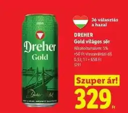 Lidl DREHER Gold világos sör ajánlat