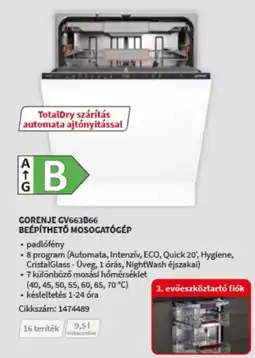 MediaMarkt Gorenje GV663B66 beépíthető mosogatógép ajánlat