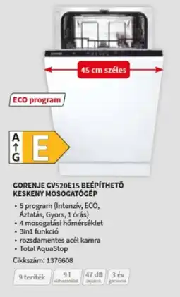 MediaMarkt Gorenje gv520e15 beépíthető keskeny mosogatógép ajánlat