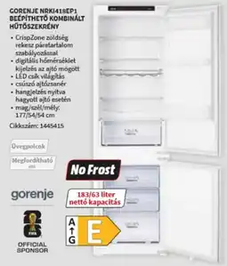 MediaMarkt gorenje beépíthető kombinált hűtőszekrény ajánlat