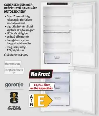 MediaMarkt gorenje beépíthető kombinált hűtőszekrény ajánlat