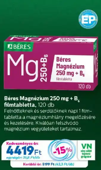 Béres magnézium 250 mg + b6 filmtabletta