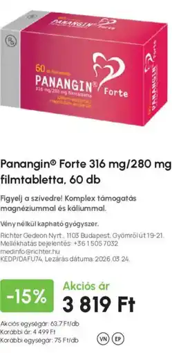 Alma Gyógyszertárak Panangin forte 316 mg/280 mg filmtabletta ajánlat