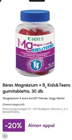 Alma Gyógyszertárak Béres magnézium + b6 kids&teens gumitabletta ajánlat