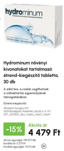 Alma Gyógyszertárak Hydrominum növényi kivonatokat tartalmazó étrend-kiegészítő tabletta ajánlat
