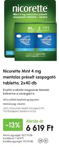 Alma Gyógyszertárak Nicorette mentolos préselt szopogató tabletta ajánlat