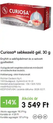 Alma Gyógyszertárak Curiosa sebkezelő gél ajánlat