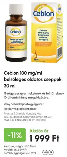 Alma Gyógyszertárak Cebion belsőleges oldatos cseppek ajánlat