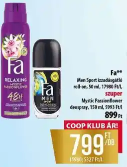 Coop Fa Men Sport izzadásgátló roll-on & Mystic Passionflower deospray ajánlat