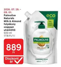 Tesco Palmolive Naturals Milk & Almond folyékony szappan utántöltő ajánlat