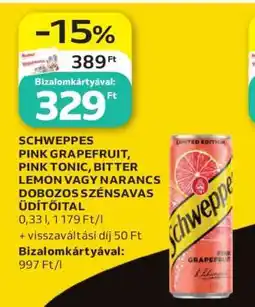 Auchan SCHWEPPES PINK GRAPEFRUIT, PINK TONIC, BITTER LEMON VAGY NARANCS DOBOZOS SZÉNSAVAS ÜDÍTŐITAL ajánlat