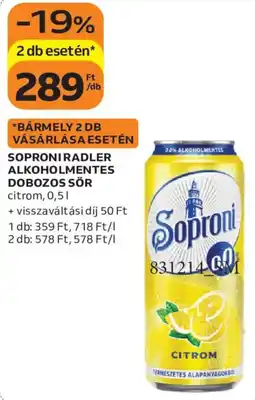 Auchan Soproni radler alkoholmentes dobozos sör ajánlat