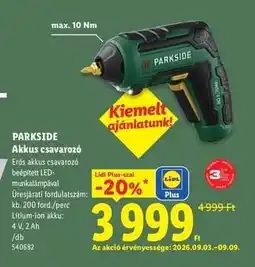 Lidl PARKSIDE Akkus csavarozó ajánlat