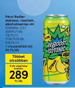 Tesco Pécsi Radler dobozos ízesített alkoholmentes sör ajánlat
