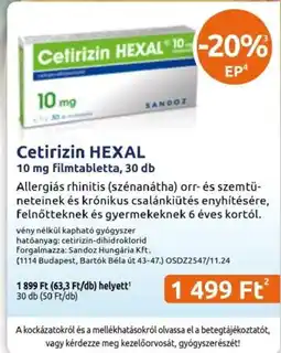 Benu Gyógyszertárak Cetirizin HEXAL ajánlat