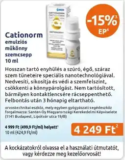 Benu Gyógyszertárak Cationorm emulziós műkönny szemcsepp ajánlat