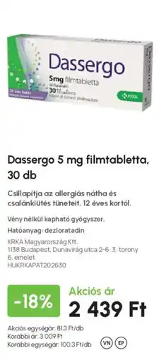 Alma Gyógyszertárak Dassergo 5 mg filmtabletta ajánlat