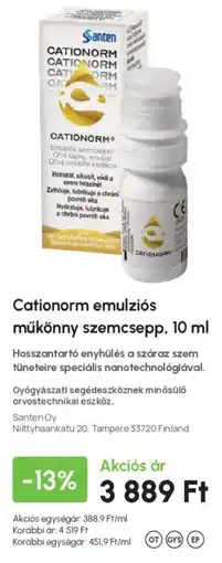 Alma Gyógyszertárak Cationorm emulziós műkönny szemcsepp ajánlat