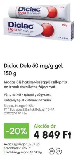 Alma Gyógyszertárak Diclac Dolo 50 mg/g gél ajánlat