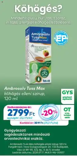 Gyöngy Patikák Ambrosolv Tuss Max kőhögés elleni szirup ajánlat