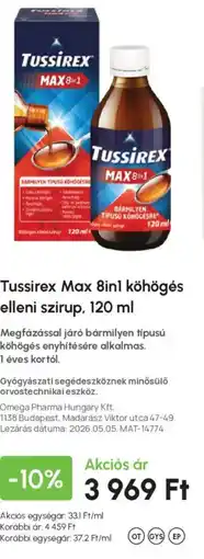 Alma Gyógyszertárak Tussirex max 8in1 kohogas elleni szirup ajánlat