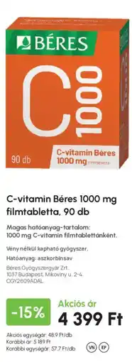 Alma Gyógyszertárak C-vitamin Béres 1000 mg filmtabletta ajánlat