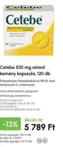 Alma Gyógyszertárak Cetebe 500 mg retard kemény kapszula ajánlat
