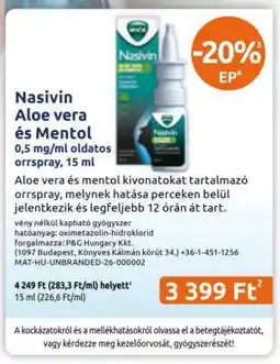 Benu Gyógyszertárak Nasivin Aloe vera és Mentol ajánlat