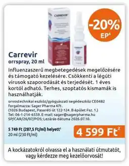 Benu Gyógyszertárak Carrevir orrspray, 20 ml ajánlat