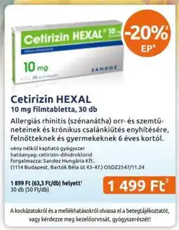 Benu Gyógyszertárak Cetirizin HEXAL ajánlat