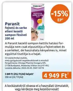 Benu Gyógyszertárak Paranit fejtetű és serke elleni kezelő sampon fésűvel 200 ml ajánlat