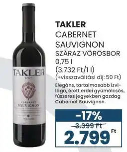 Spar TAKLER CABERNET SAUVIGNON SZÁRAZ VÖRÖSBOR 0,75 l ajánlat