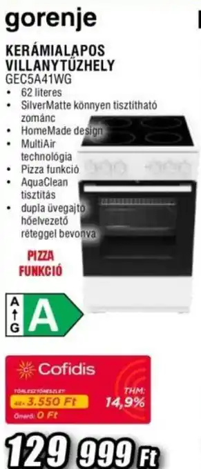 Gorenje kerámialapos villanytűzhely gec5a41wg