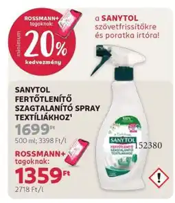 Rossmann SANYTOL FERTŐTLENÍTŐ SZAGTALANÍTÓ SPRAY TEXTÍLIÁKHOZ ajánlat