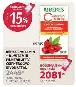 Rossmann BÉRES C-VITAMIN + D3-VITAMIN FILMTABLETTA CSIPKEBOGYÓ KIVONATTAL ajánlat