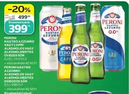 Auchan PERONI NASTRO AZZURRO VAGY CAPRI ALKOHOLOS VAGY ALKOHOLMENTES ÜVEGES SÖR ajánlat