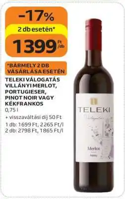 Auchan Teleki Válogatás Villányi Merlot, Portugieser, Pinot Noir vagy Kékfrankos ajánlat
