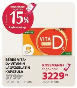 Rossmann BÉRES VITA-D₃-VITAMIN LÁGYZSELATIN KAPSZULA ajánlat