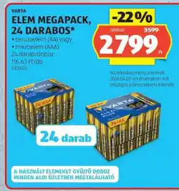 ALDI VARTA Elem Megapack, 24 darabos ajánlat