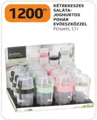 Kétrekeszes saláta-joghurtos pohár evőeszközzel