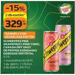 Auchan Schweppes Pink Grapefruit, Pink Tonic, Canada Dry vagy Dr Pepper szénsavas dobozos üdítőital ajánlat